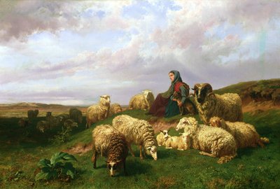 Shepherdess Resting with Her Flock by Edmond Jean Baptiste Tschaggeny